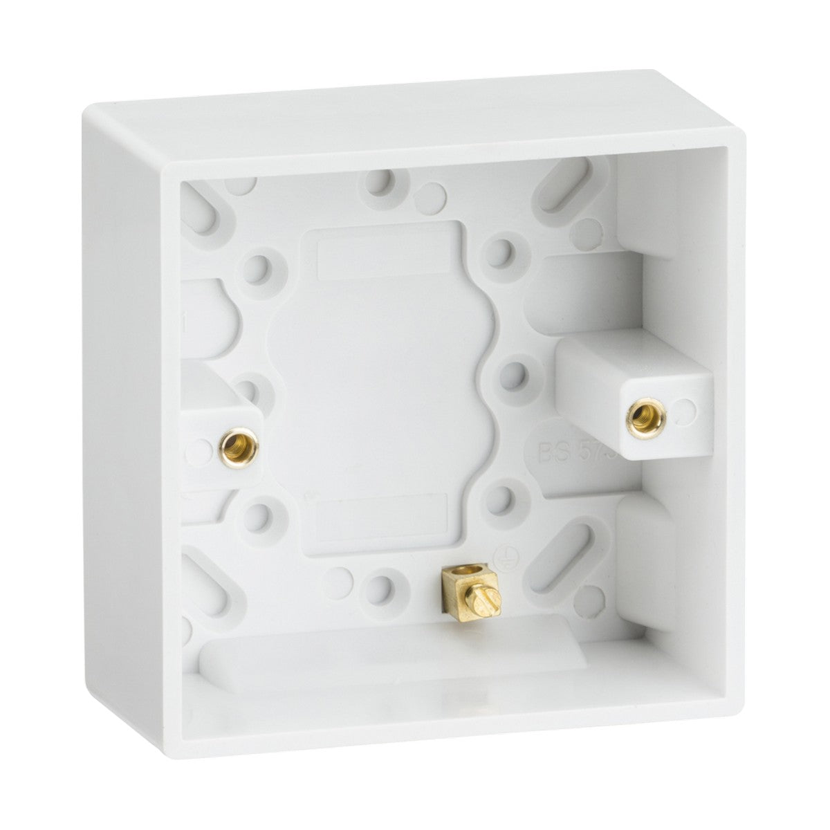 The Single 35mm Pattress Box With Earth Terminal (Square Edge) from Knightsbridge is a white plastic electrical back box featuring mounting holes and brass terminal connectors. It's designed for flush fitting in walls to house switches or sockets, and offers a rectangular shape with multiple screw and wire entry points, crafted from durable thermoset resin.