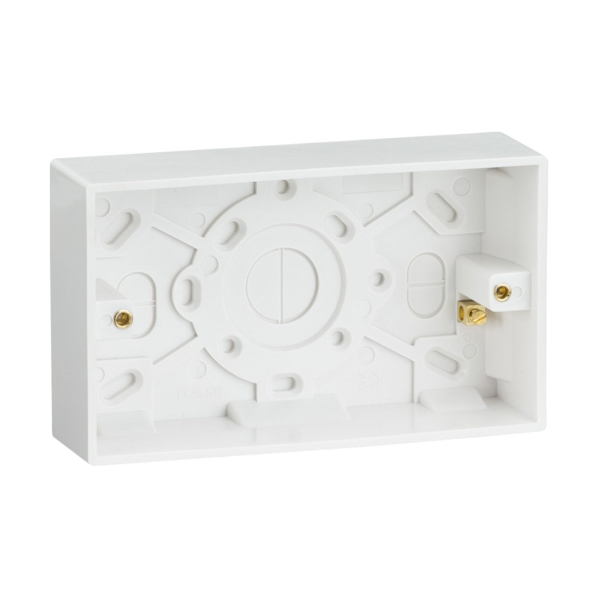 Introducing the Double 35mm Pattress Box With Earth Terminal (Square Edge), a white plastic electrical back box designed with a rectangular shape for wall installation. It features multiple slots and circular indentations for wiring, along with metal screw terminals and mounting points inside. Constructed from thermoset resin, it offers enhanced durability.