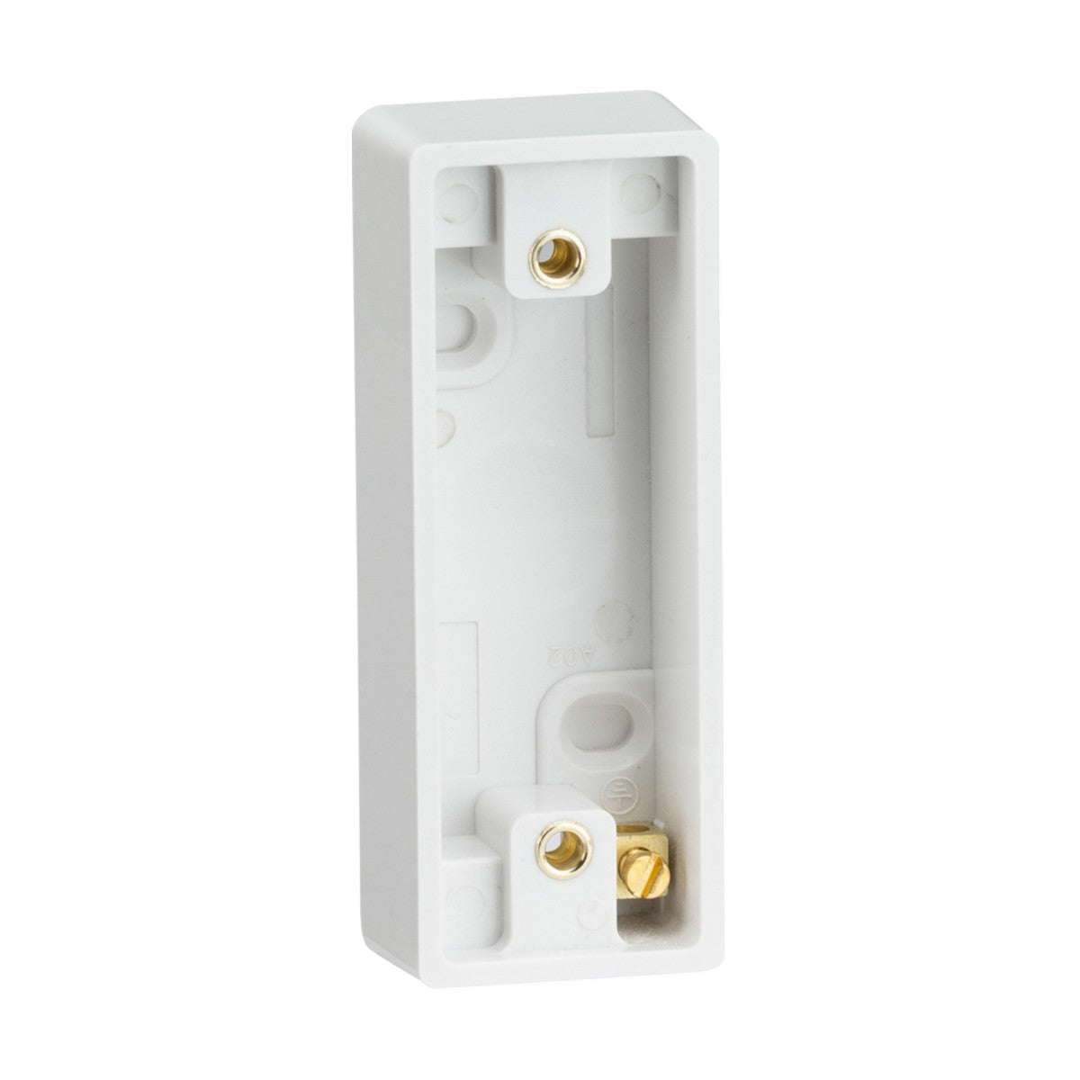The Single 16mm Architrave Pattress Box from Knightsbridge is a rectangular, white plastic electrical mounting box with a sleek square edge design. It features visible screw holes and includes two brass terminals inside, made from durable thermoset resin, perfect for wall installation to accommodate various electrical fittings.