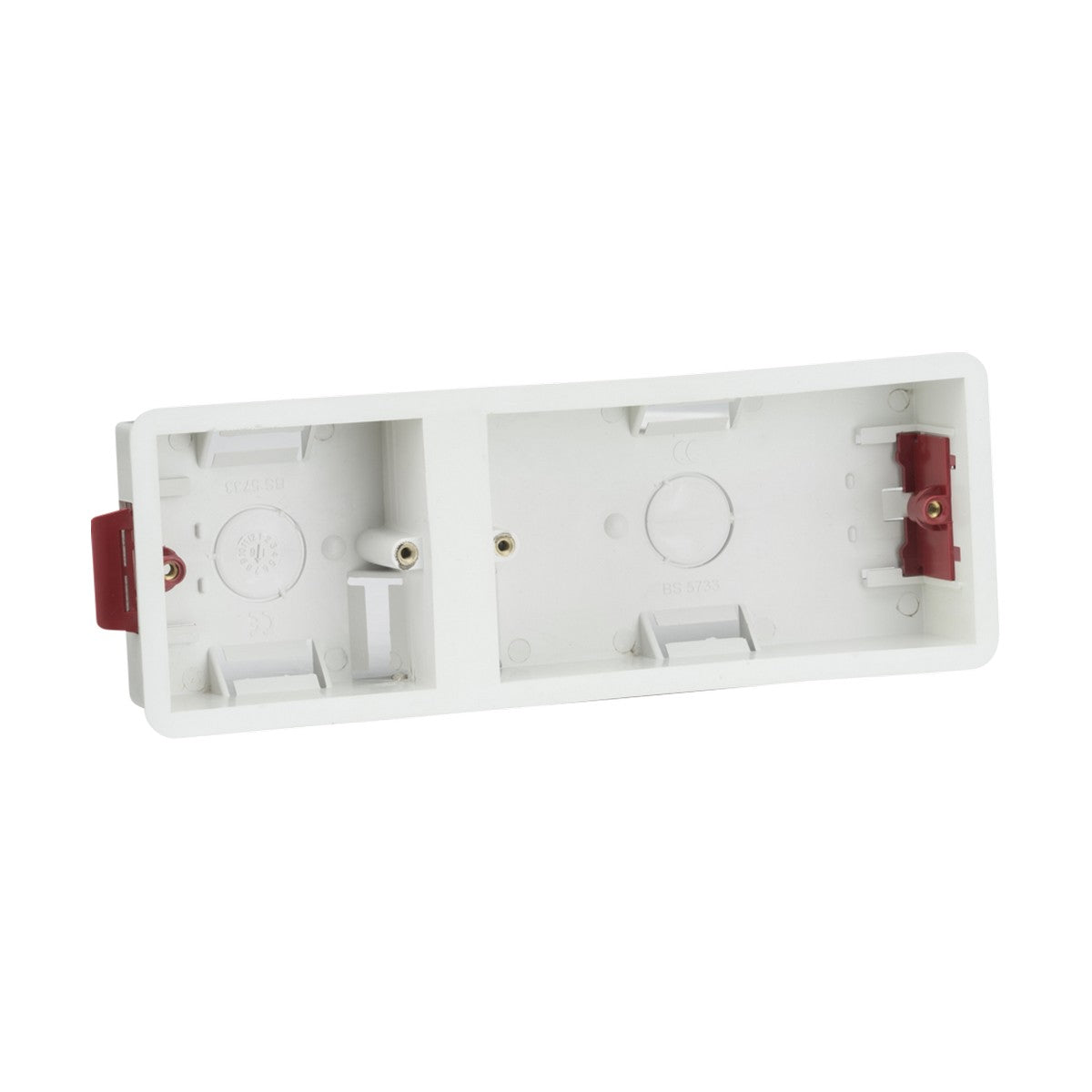 Introducing the 35mm Single + Double Dry Lining Box, a white rectangular electrical back box made from durable plastic, ideal for cavity walls. It includes internal compartments and mounting points suitable for double outlets, with two distinct wiring areas and red clips on each side to ensure secure installation in dry lining boxes.