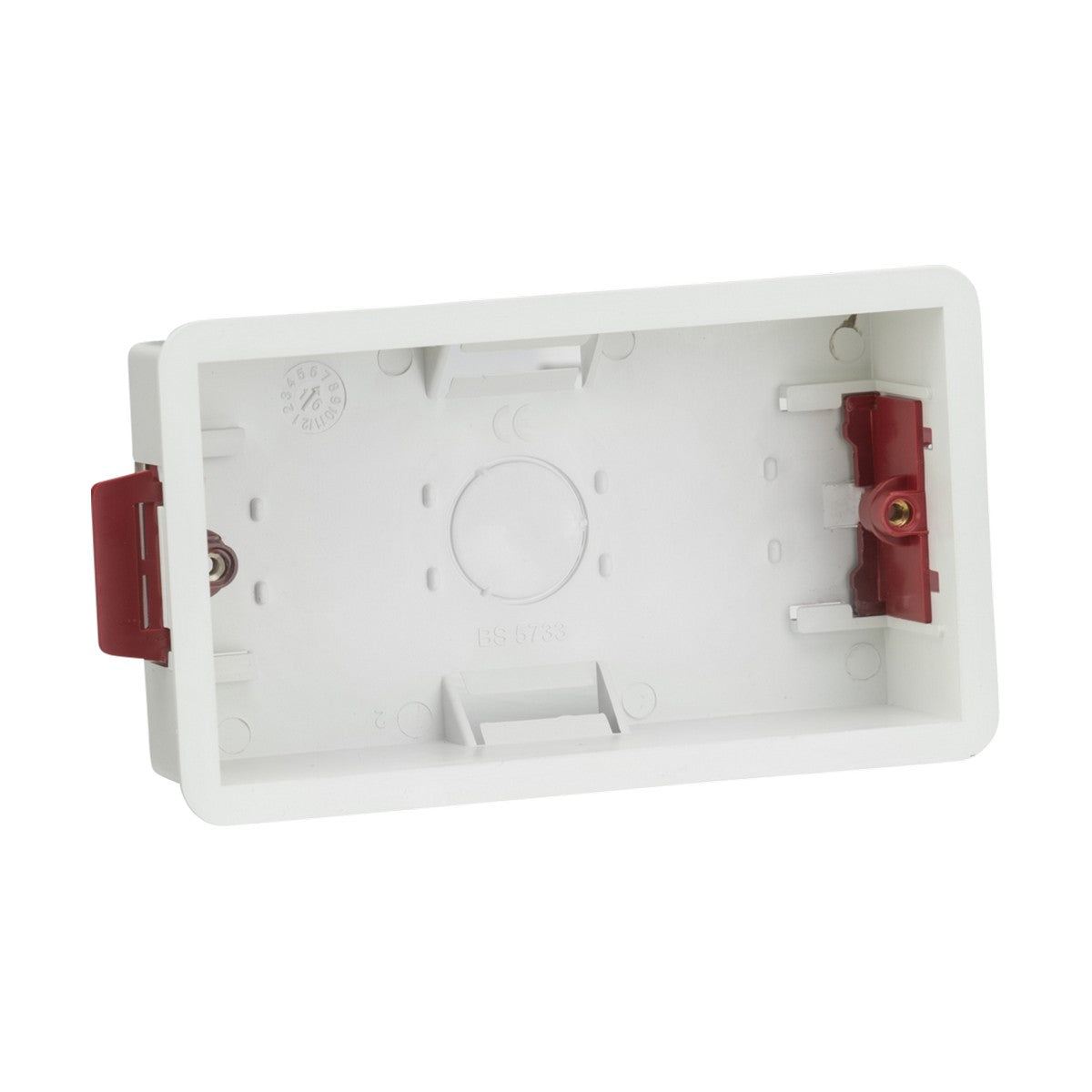 The 35mm Double Dry Lining Box, made from white plastic and featuring a rectangular shape with red clips and internal compartments for wiring connections, is ideal for electrical installations. Perfect for mounting into cavity walls to hold sockets or switches, it is available in multipacks from Knightsbridge.
