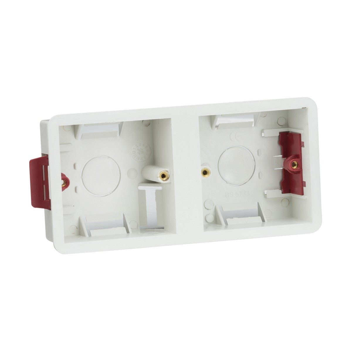 The 35mm Dual Dry Lining Box, designed for cavity walls, features a white finish with two compartments and side mounting brackets. The interior includes connectors and slots ideal for securing additional components, making it perfect for housing electrical outlets or switches. This product is available in Knightsbridge multipacks.