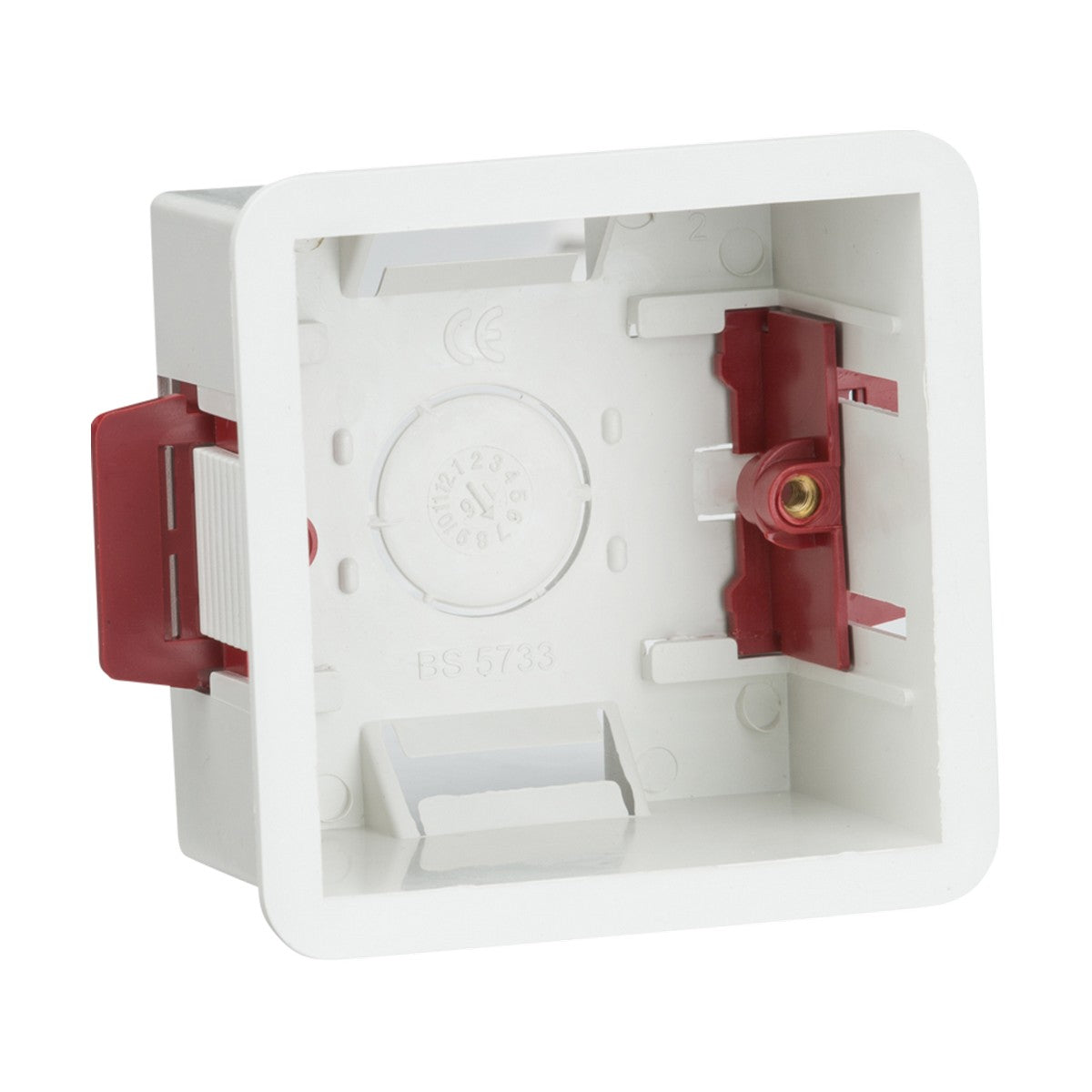 The 47mm Single Dry Lining Box is designed as a white square electrical back box, perfect for cavity walls. It includes red clips on either side and features a circular marking in the center to assist with precise measurements and standard references, making it ideal for all your electric mounting needs.