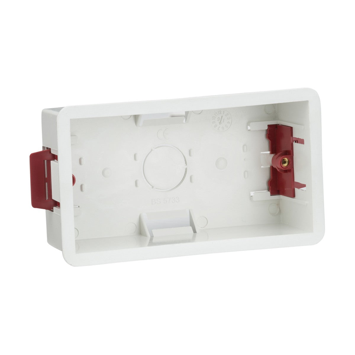 The 47mm Double Dry Lining Box is a white plastic electrical back box featuring red clips on either side, specifically designed for cavity walls. This rectangular box is intended for mounting electrical switches or sockets into a wall and complies with BS 5733 standards.
