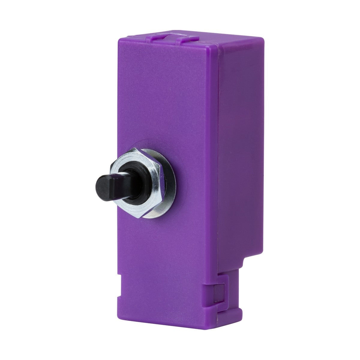 The Smart Wi-Fi Dimmer Module (No Neutral Required) includes a purple rectangular toggle switch, a black lever, and a metal ring, all set against a white background.