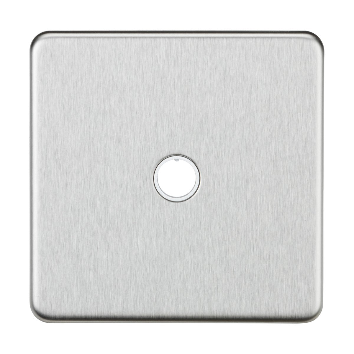 The 20A Flex Outlet Plate, featuring a brushed chrome finish and a screwless design, is a sleek stainless steel light switch plate with a single circular hole, perfect for those seeking modern style and functionality.