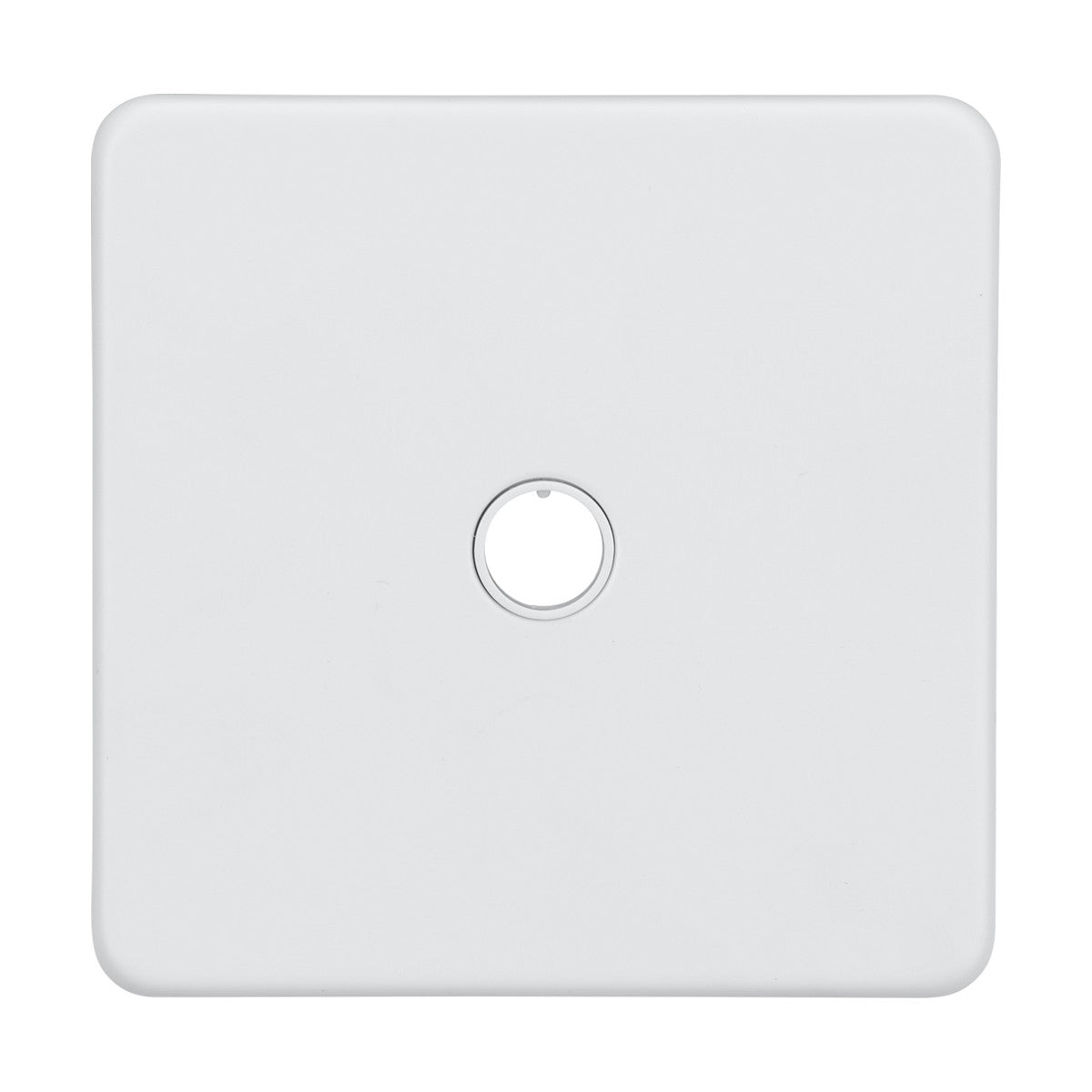 A matt white, screwless square wall plate with a central circular opening for 20A flex outlets. Its smooth, unadorned surface is designed for electrical or networking fittings, offering a sleek look. Product: 20A Flex Outlet Plate - Matt White (Screwless).