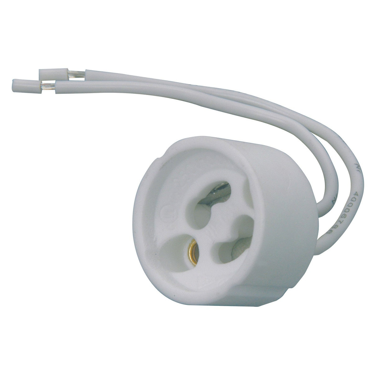 A close-up of the LYYT GU10 Lamp Holder, crafted from white ceramic with heat-resistant leads and two attached white electrical wires. It is designed to accommodate specific bulb types, generally halogen or LED, and is compatible with a GU10 lamp base.