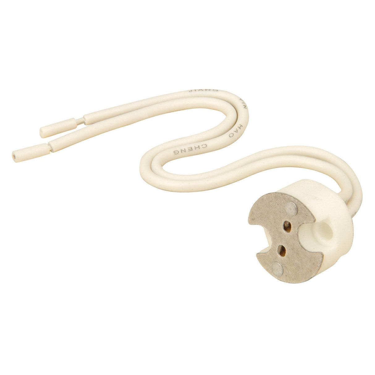 Introducing the LYYT MR16 Ceramic Lamp Holder, a high-quality fitting designed for MR16 lamps. It features two white, heat-resistant fly leads that provide long and flexible wiring for effortless installation and adjustment. The plain socket design ensures seamless integration into any lighting setup without visible markings.