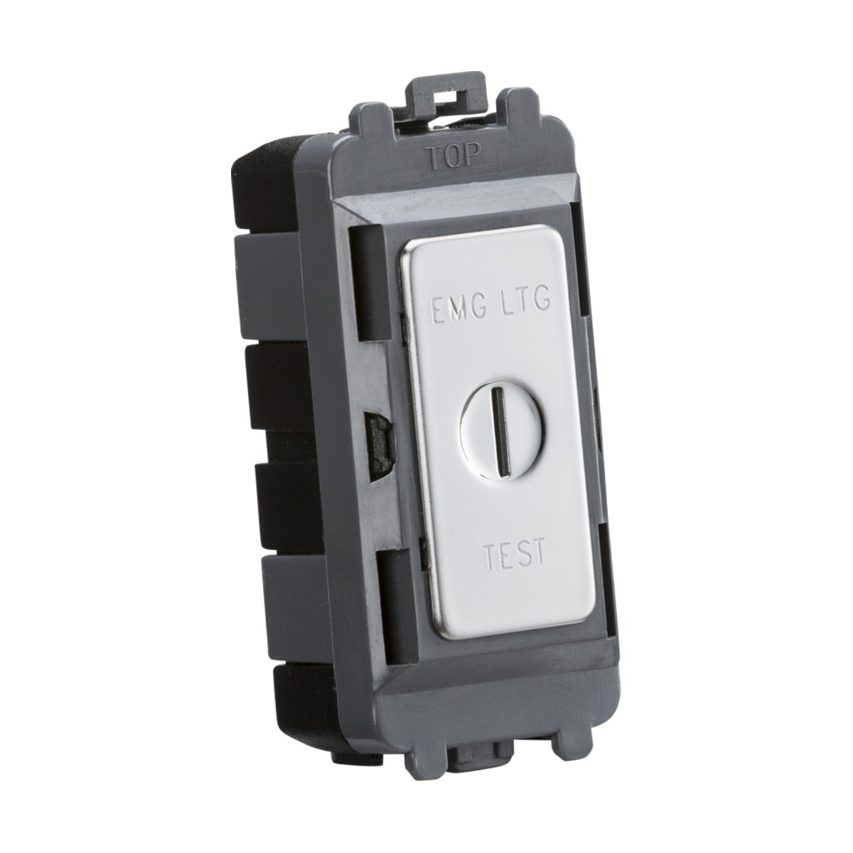 Close-up of a rectangular 20AX DP Key Module labeled EMG LTG TEST, featuring a metallic button. This component of the Knightsbridge Grid System is encased in a dark holder with an installation slot at the top and boasts a sleek, polished chrome finish.