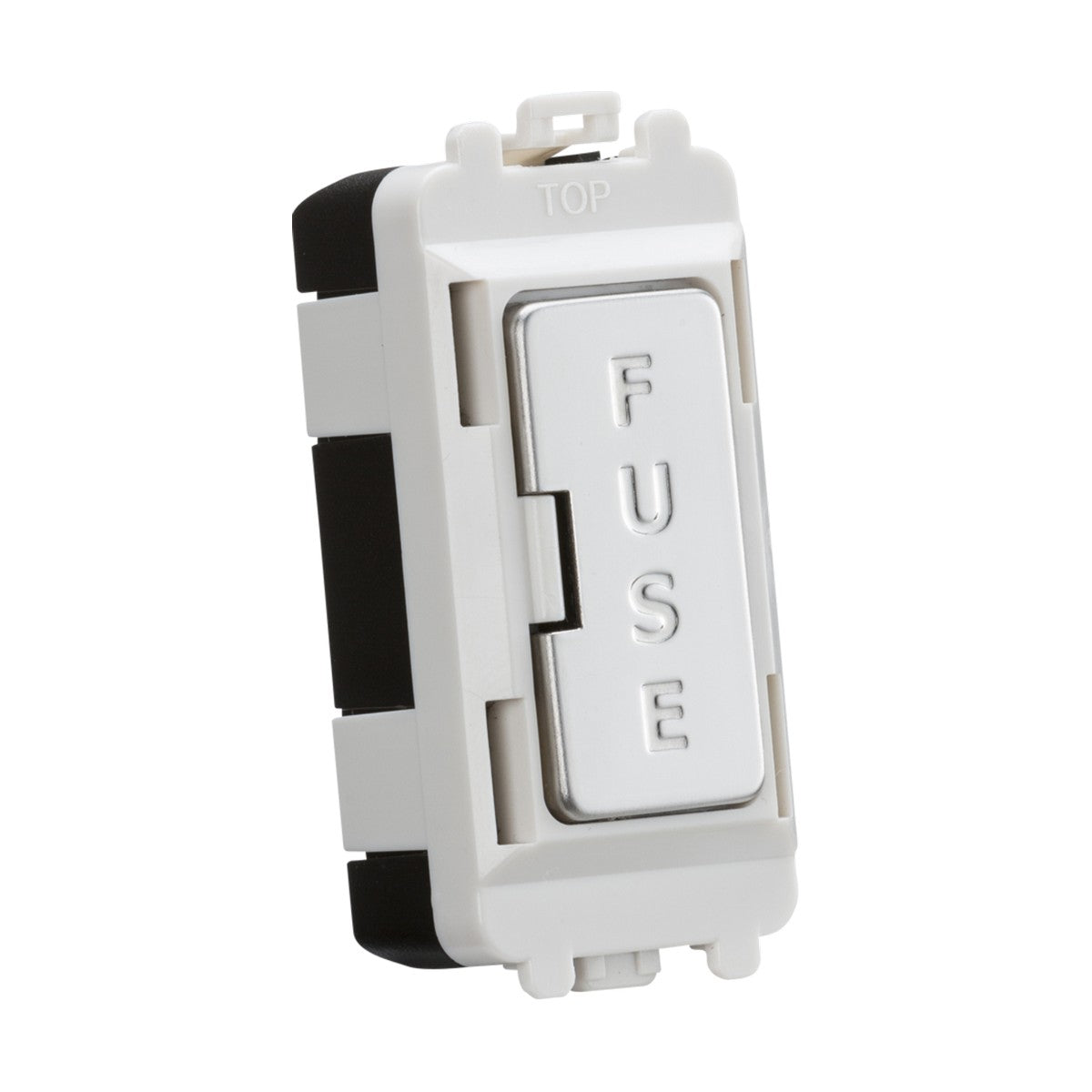 Close-up of a white and gray 13A Fused Module - Polished Chrome, part of the Knightsbridge Grid system, with "FUSE" engraved on its silver button. The module, designed for optimal appliance protection, features a rectangular design and is shown from a slightly angled perspective.