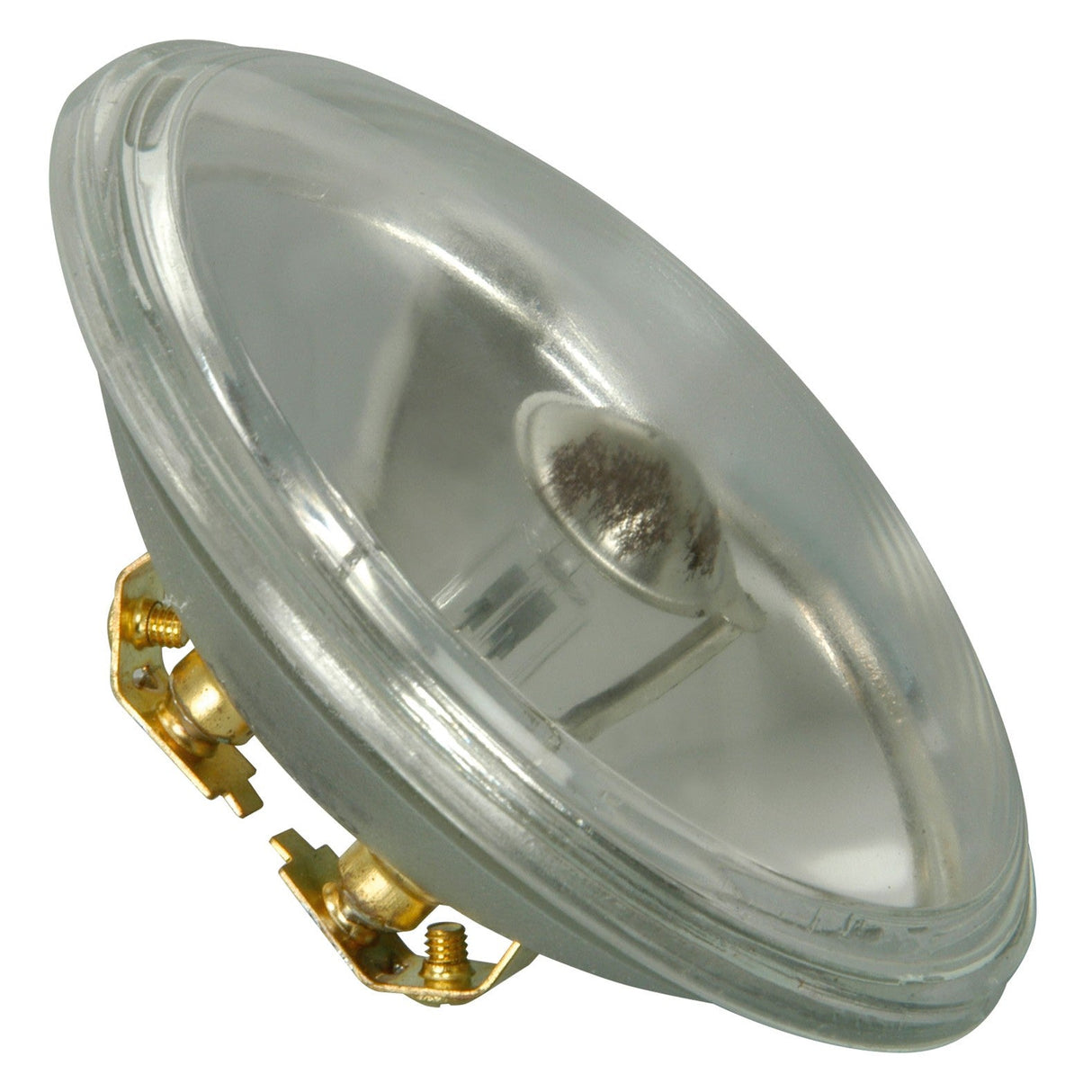 A close-up of the QTX PAR36 Par Bulb 30W, featuring a clear round bulb with a silver base and two gold terminals, viewed at an angle on a white background—ideal for stage lighting and spotlight use.