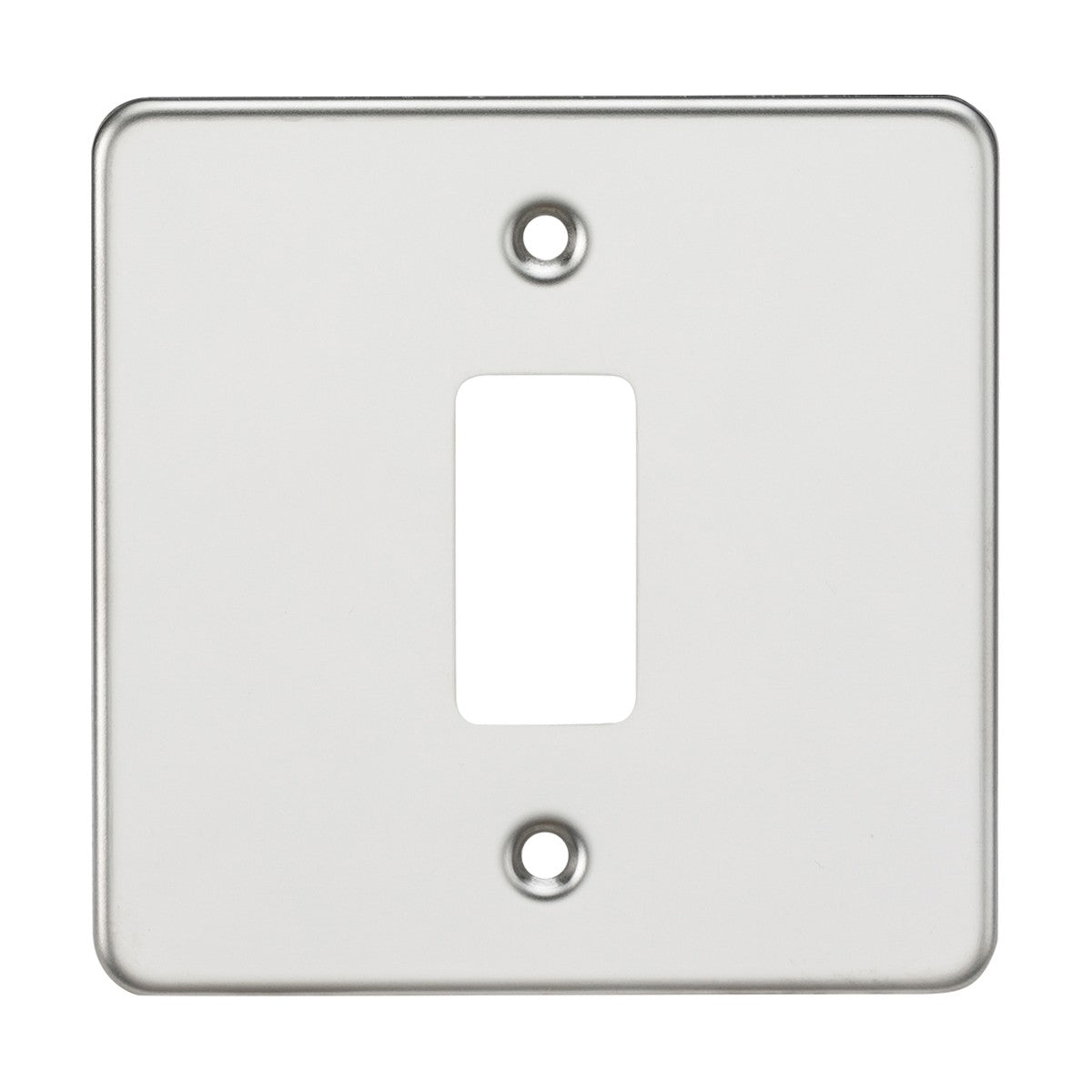 The Flat Plate 1 Gang Grid Faceplate - Polished Chrome offers a functional and stylish solution with its premium grade steel construction, featuring a central rectangular cutout and two strategically placed screw holes on a plain background, reminiscent of polished chrome finishes.