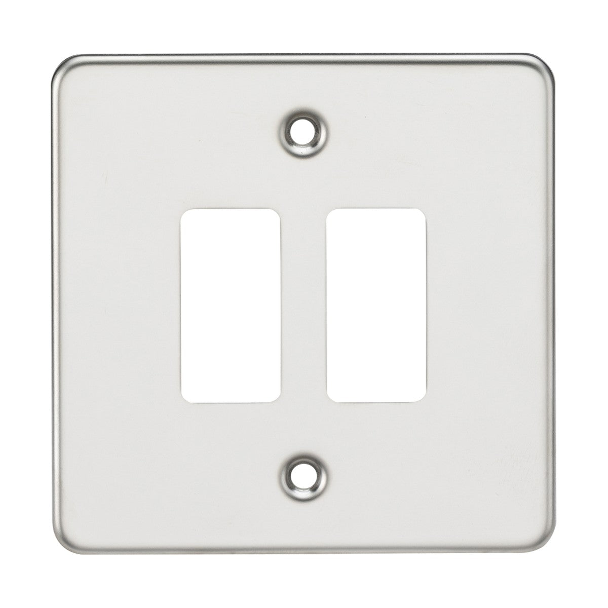 The Flat Plate 2 Gang Grid Faceplate in polished chrome is made from premium grade steel and includes two rectangular openings for switches, with mounting screw holes positioned at the top and bottom. Its smooth and shiny surface provides a sleek finish.