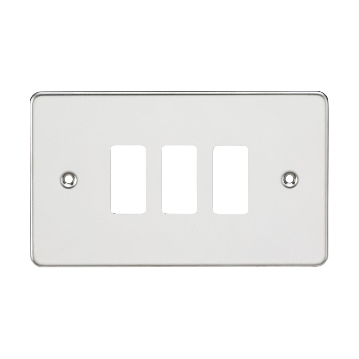 Introducing the Flat Plate 3 Gang Grid Faceplate in Polished Chrome—a modern rectangular light switch cover crafted from premium-grade stainless steel. It features beveled edges and three rectangular openings, each accompanied by a screw hole on either side for seamless mounting, enhancing its sleek appeal.