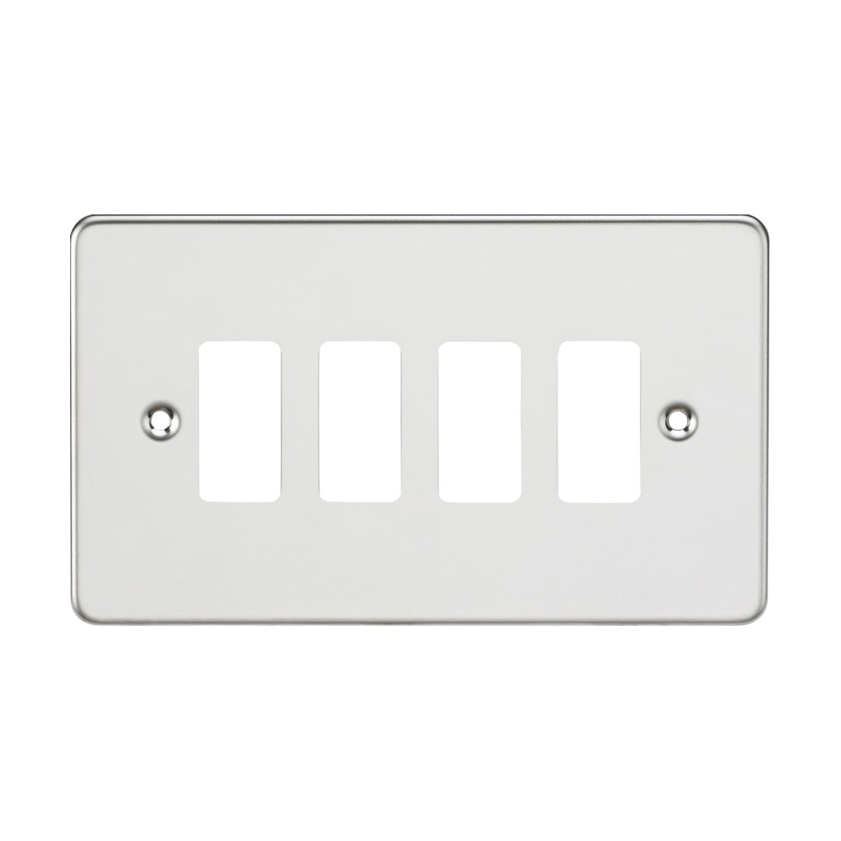 The Flat Plate 4 Gang Grid Faceplate - Polished Chrome is a silver wall plate featuring four rectangular switch openings, crafted from premium grade steel. It boasts a sleek polished chrome finish and is mounted with two screws on either side.