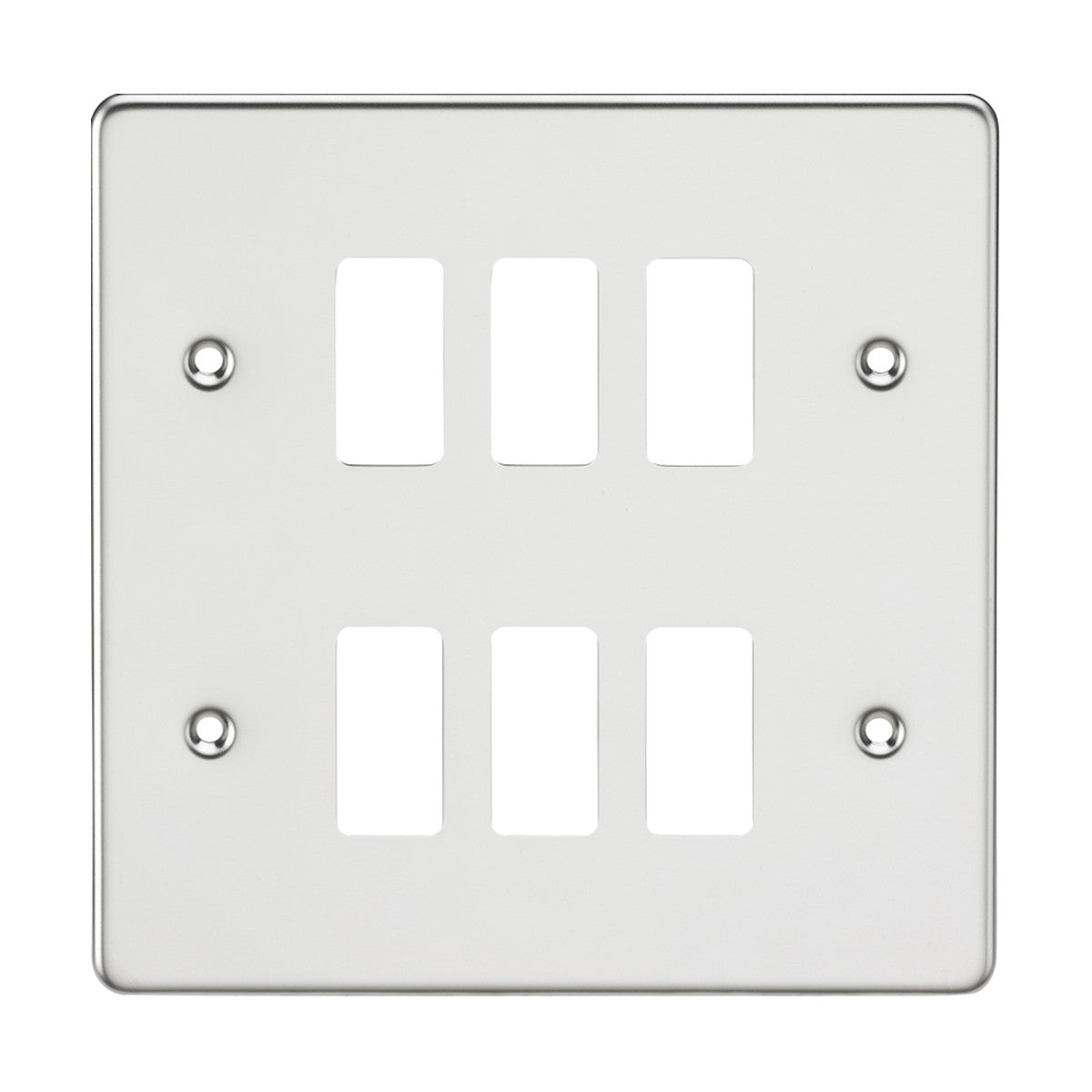 Introducing the Flat Plate 6 Gang Grid Faceplate - Polished Chrome, featuring six rectangular openings tailored for rocker switches and four screw holes, strategically placed two on each side. Crafted from premium-grade steel, it boasts a sleek brushed metallic finish resembling polished chrome.