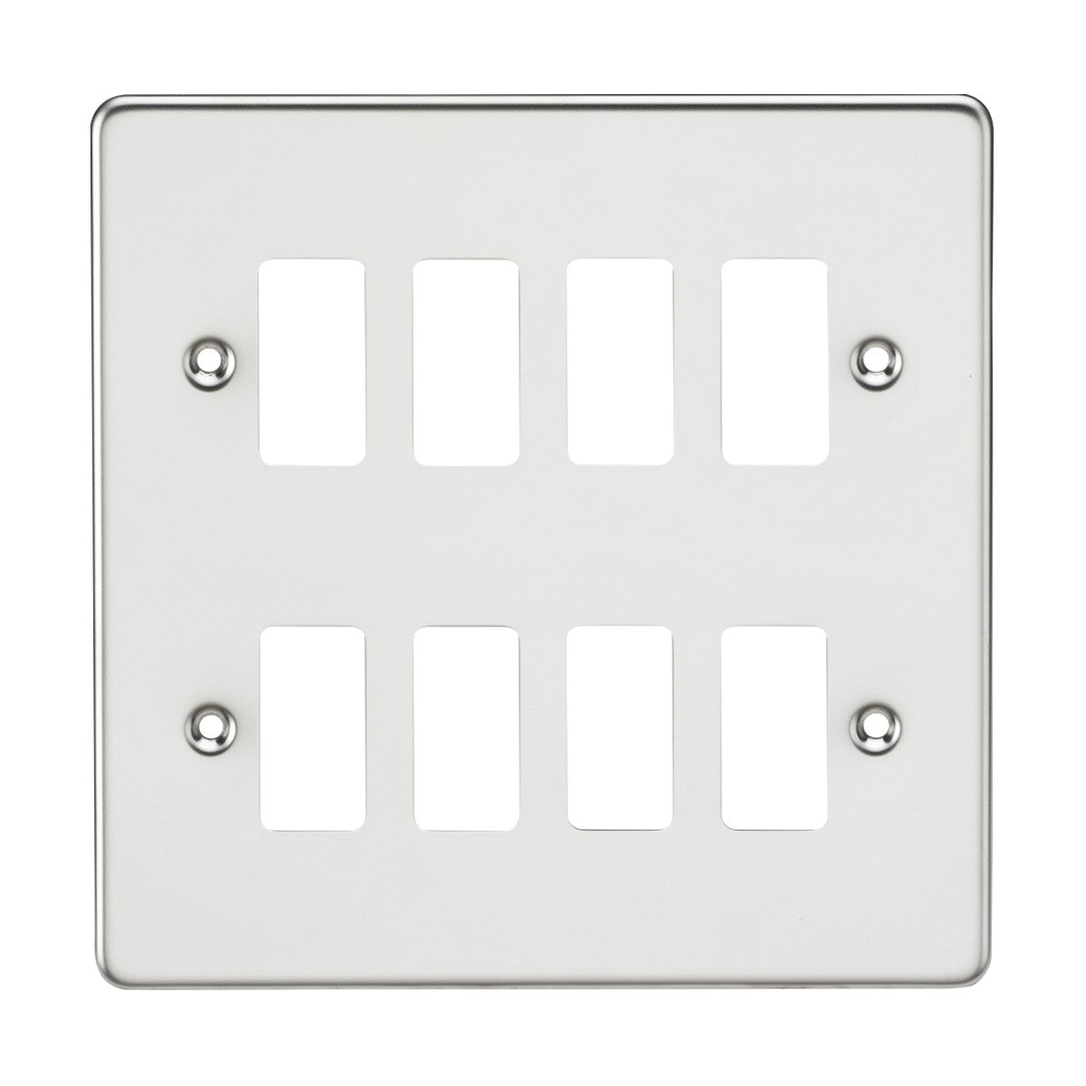 Introducing the Flat Plate 8 Gang Grid Faceplate in polished chrome, designed with eight rectangular openings for switches or control devices. This sleek and modern faceplate features rounded corners and is easily mounted using four screws, one in each corner, making it a stylish addition to any contemporary space.