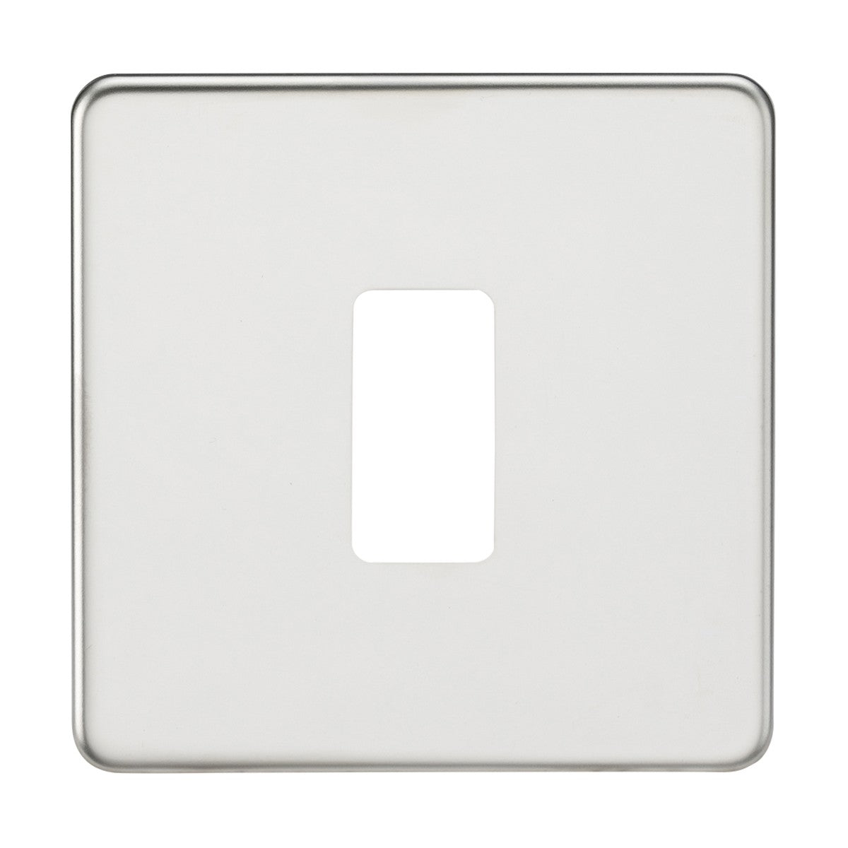 The Screwless 1 Gang Grid Faceplate - Polished Chrome is a square metallic light switch cover made from premium grade steel, featuring a central rectangular cutout. Its polished chrome finish provides a smooth and reflective surface, while the slightly rounded corners contribute to its elegant design.
