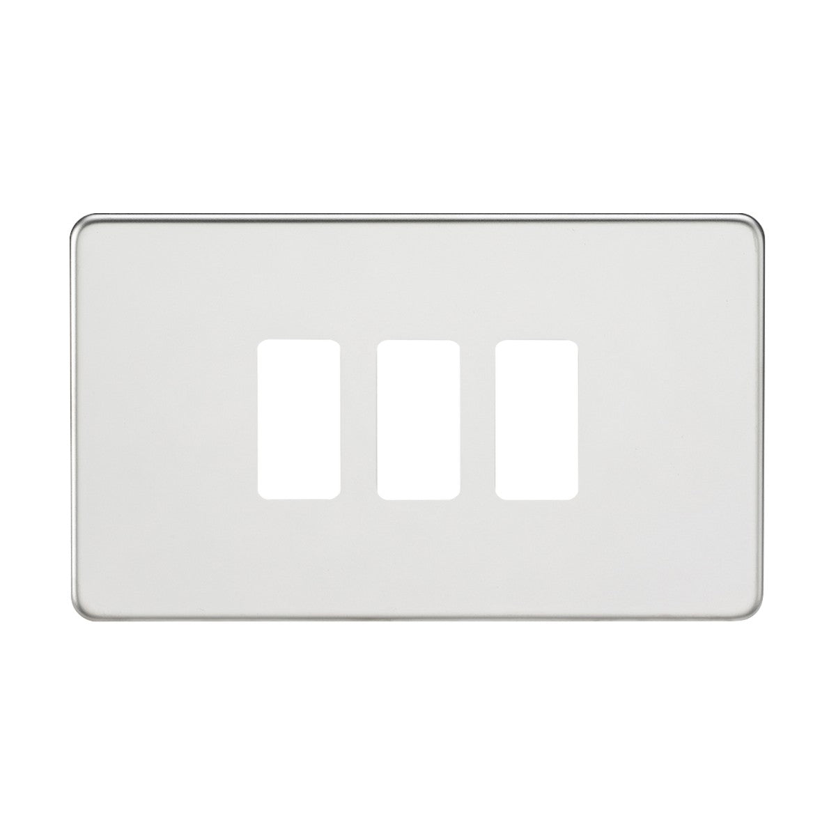 A Screwless 3 Gang Grid Faceplate in polished chrome, featuring rectangular openings for switches and mounted on a white background. The sleek design includes smooth edges and a glossy finish, giving it the look of premium-grade steel.