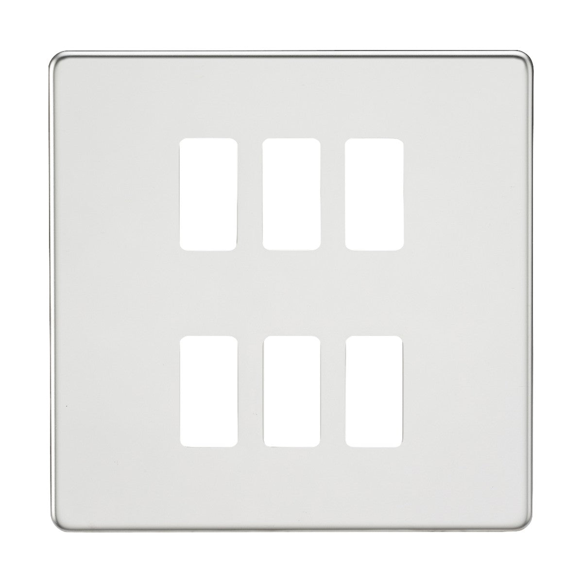The Screwless 6 Gang Grid Faceplate - Polished Chrome showcases minimalist design with slightly rounded corners and six cutouts arranged in two vertical columns of three. It is constructed from premium grade steel, offering a sleek and polished finish.
