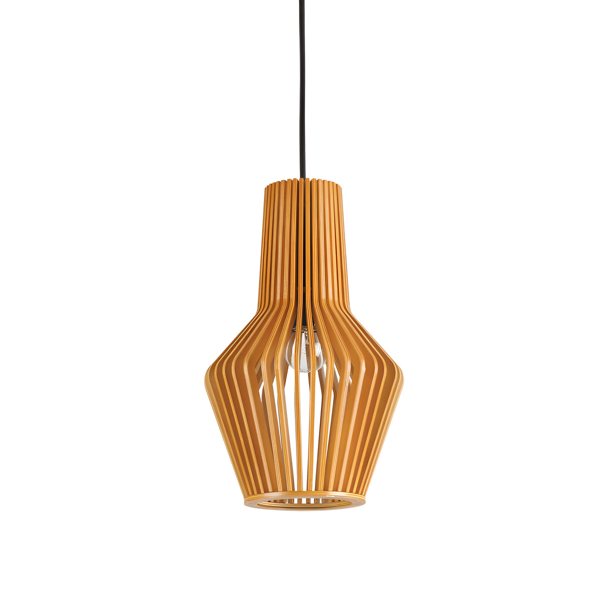 Presenting the Edge-1 1 Light Wood Pendant in Brown, featuring a sleek wooden slatted design complemented by durable metal construction. The bulb is visible through the vertical slats, hung on a black cord against a white background, making it an ideal choice for contemporary lighting.