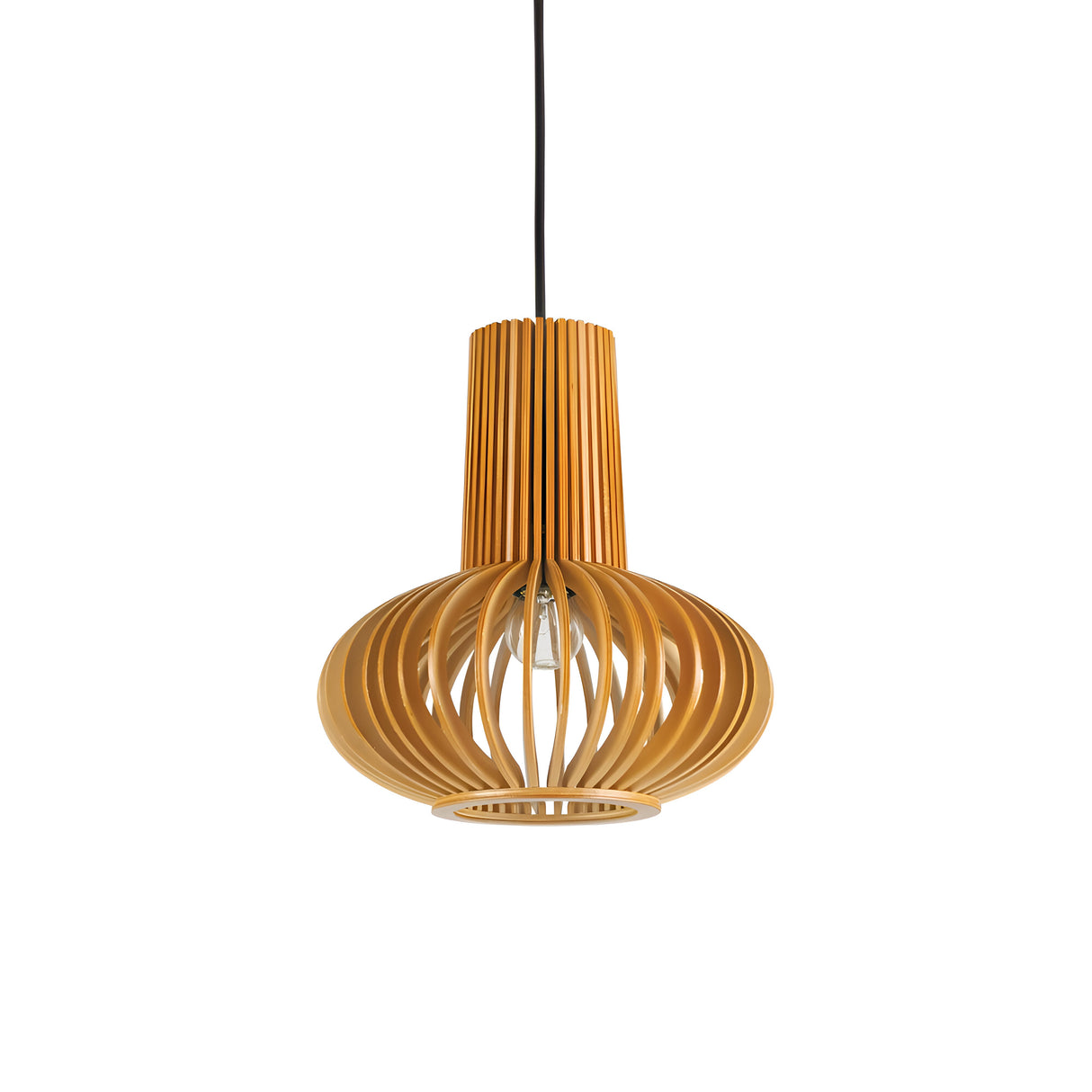 The Edge-2 1 Light Wood Pendant - Brown features a modern design with a wooden slatted exterior and an exposed bulb, hanging elegantly from a sleek black cord. Its durable metal construction and warm wood finish combine to create a contemporary and sophisticated look that complements various interior styles.