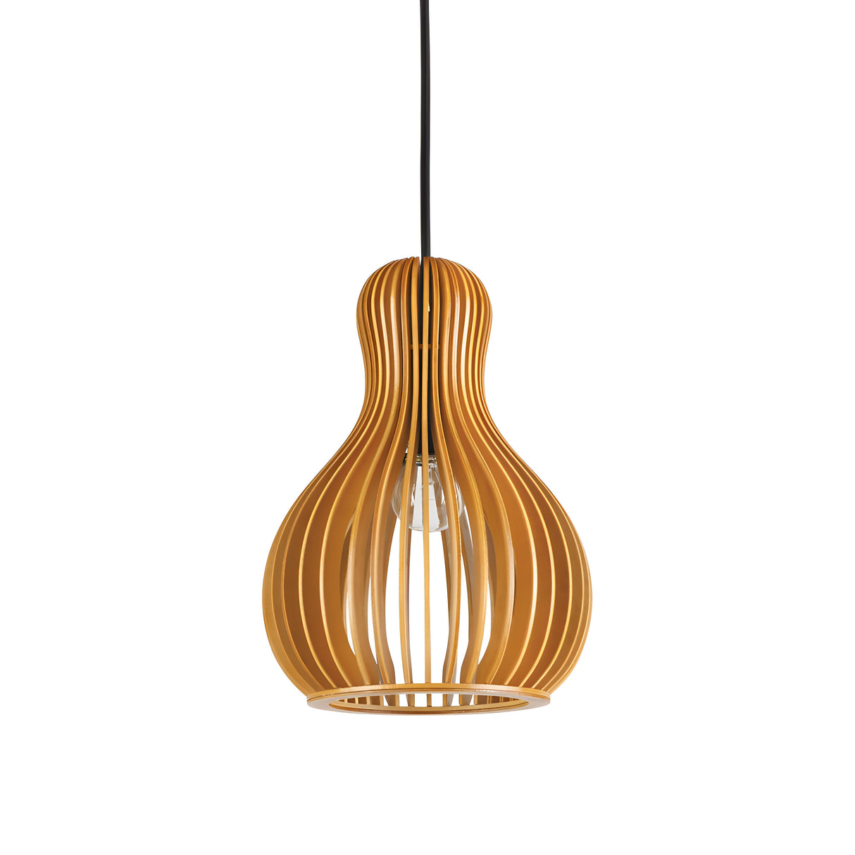 The Edge-3 1 Light Wood Pendant - Brown features a contemporary design with its bulbous shape and intricate wooden lattice pattern. Its visible bulb through the open slats adds a touch of elegance, while it gracefully hangs from a black cord set against a white backdrop, making it an exemplary piece of modern lighting.