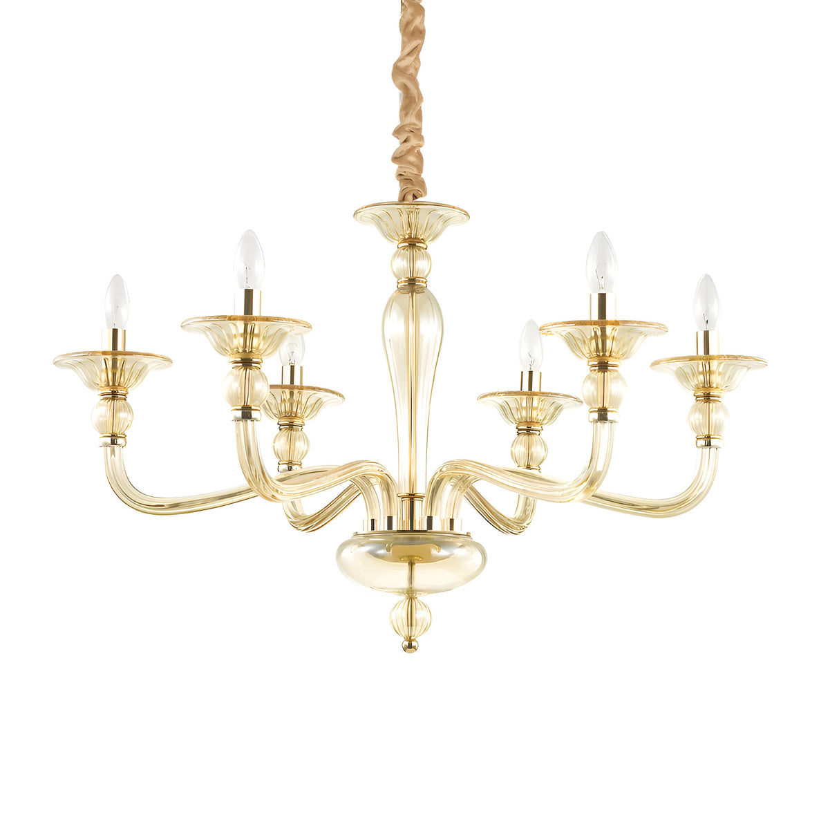 The Breeze Glass 6 Light Chandelier in gold features six gracefully curving arms, each supporting a candle-like white bulb. The central fixture showcases a polished gold finish and hangs from a braided cord. With its timeless design and optional glass shades, it radiates elegance and sophistication.