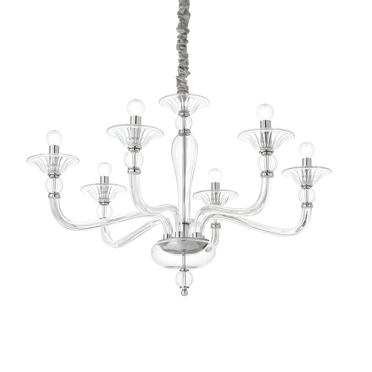 The Breeze-1 Glass 6 Light Chandelier - Chrome is a modern, elegant fixture with six curved arms and clear glass shades, each designed to hold a light bulb. It is suspended by a braided cord and features a chrome finish, adding a sophisticated touch to the decor.