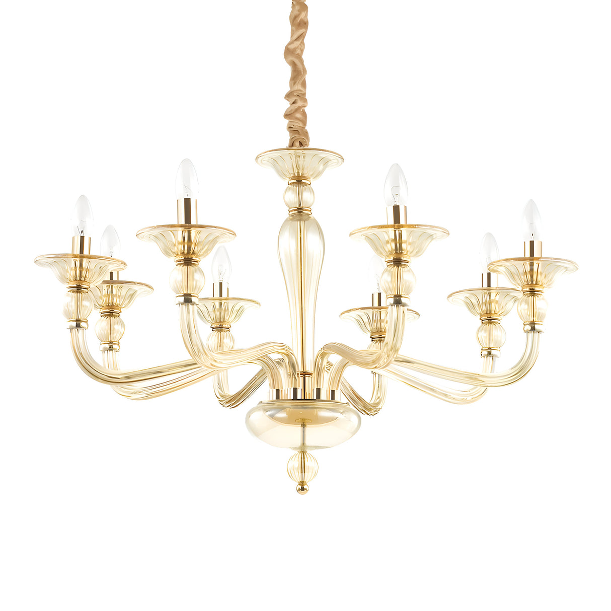 The Breeze Glass 8 Light Chandelier - Gold showcases an intricate design with a chrome finish, featuring eight candle-shaped lights on elegantly curved arms radiating from a central column. The glass shades add a touch of sophistication, and the fixture is suspended by a twisted gold chain.