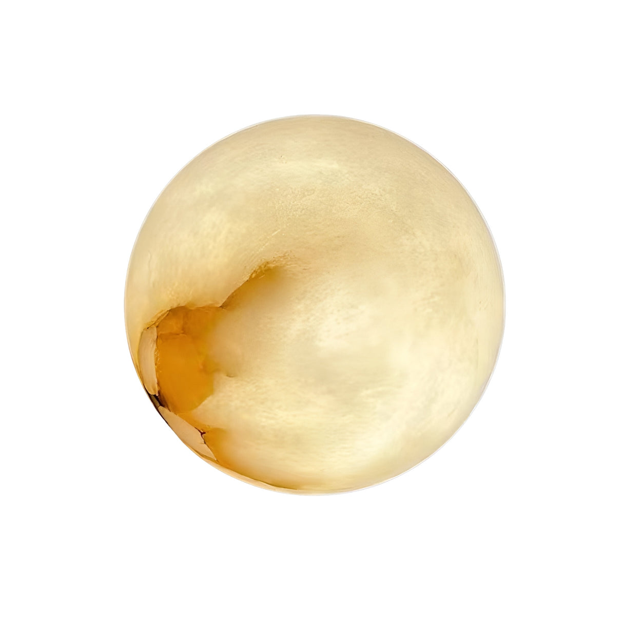 The Alviora 1 Light Large Circular Stone Alabaster Wall Light in soft white and brass features a smooth, round alabaster shade with a translucent surface and a darker accent, isolated on a white background.