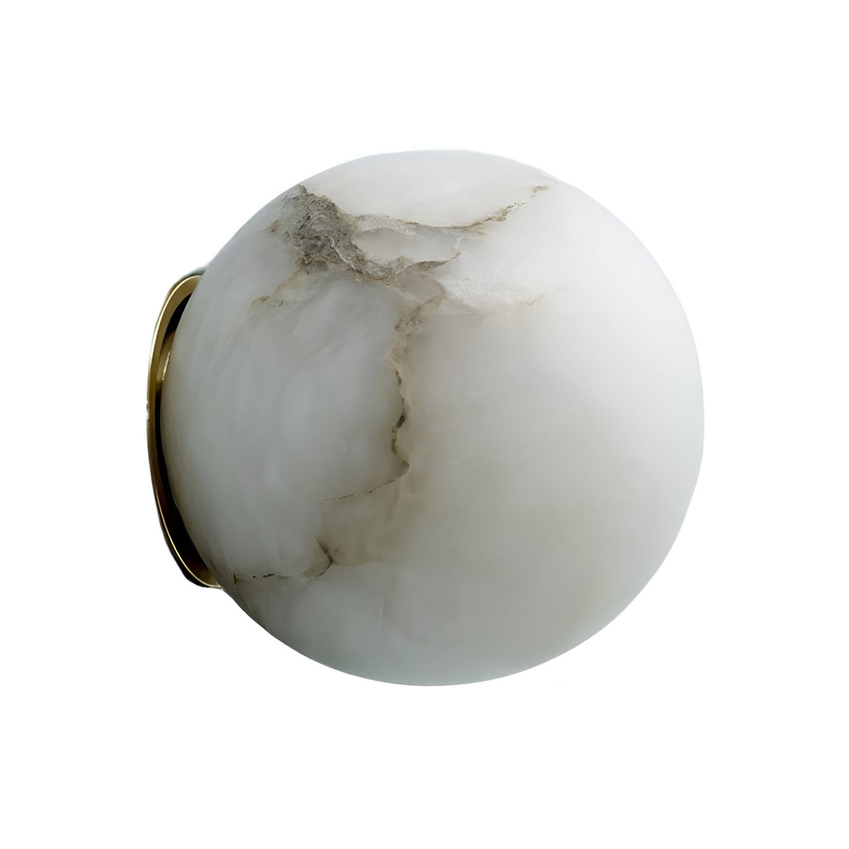 The Alviora 1 Light Large Circular Stone Alabaster Wall Light features a smooth white marble sphere with subtle gray veining and a small brass accent, set against a plain white background.