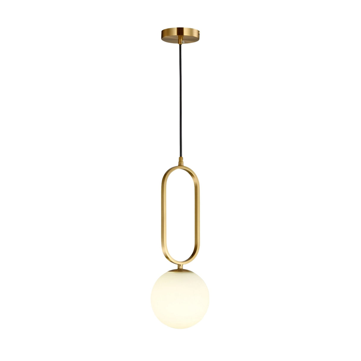 The Orvyn 1 Light Large Globe Alabaster Single Pendant Light features a soft white globe and brushed brass frame, suspended from a gold ceiling mount by a black cord.