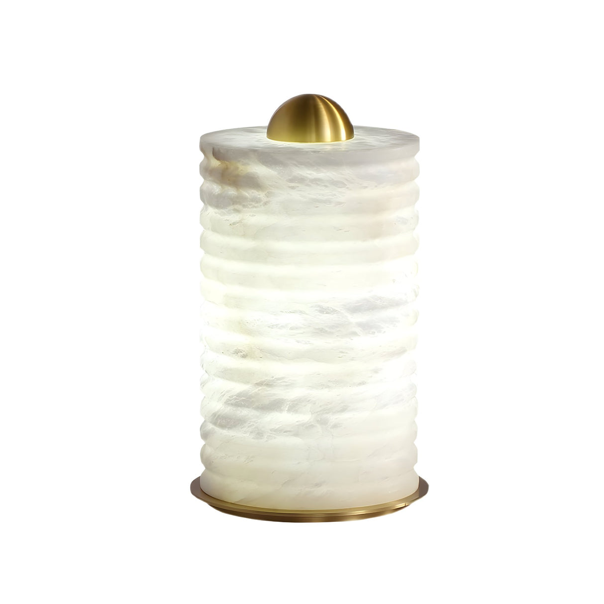 The Aurelior LED Small Ribbed Alabaster Table Lamp – Soft White features a textured, white translucent cylindrical body, gold metallic base, and dome top. It emits soft, diffused light—ideal as a small bedside lamp.