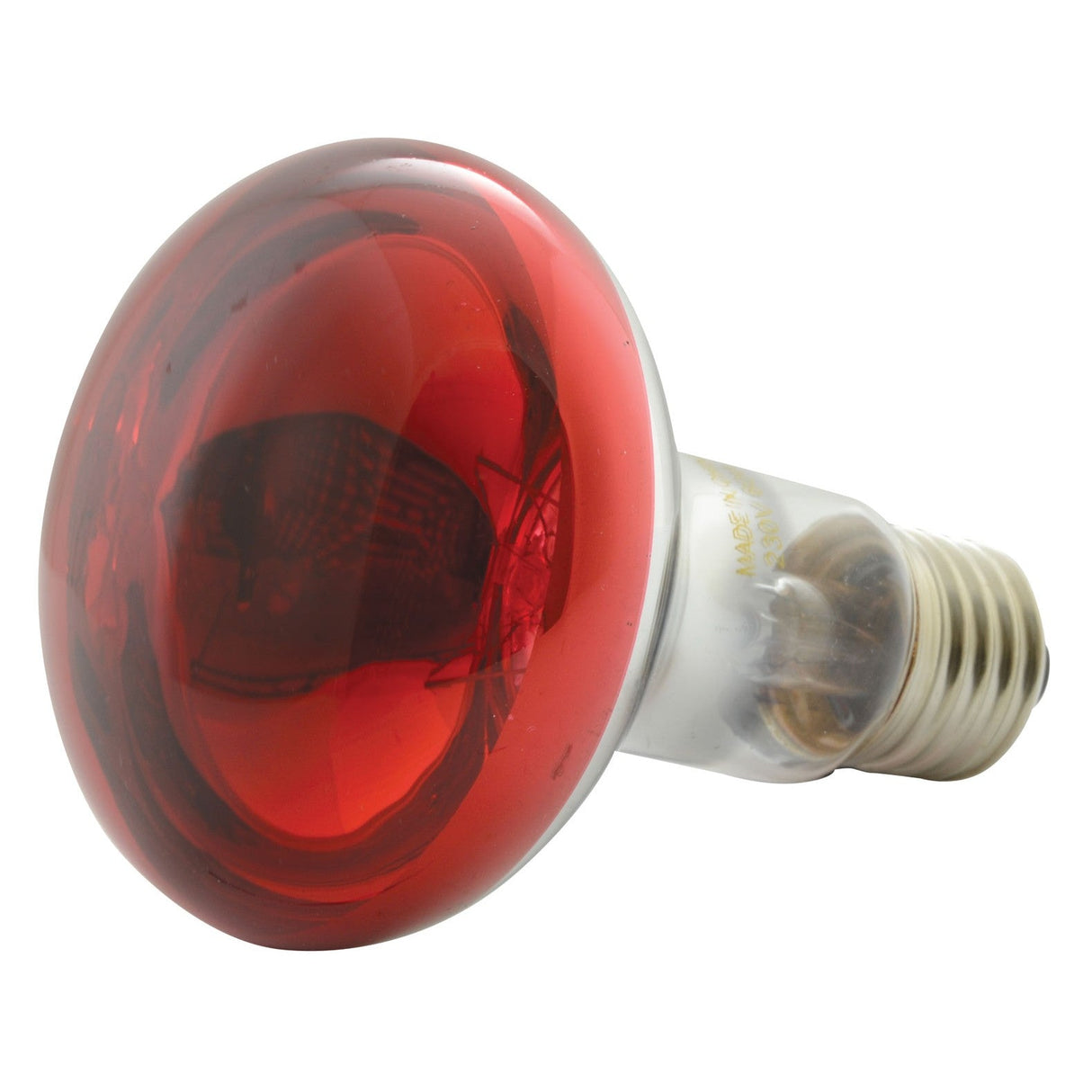 The QTX R80 Reflector Bulb E27 60W - Red, with a transparent base and metallic screw, is shown angled on a white background—perfect for creating dramatic stage lighting effects.
