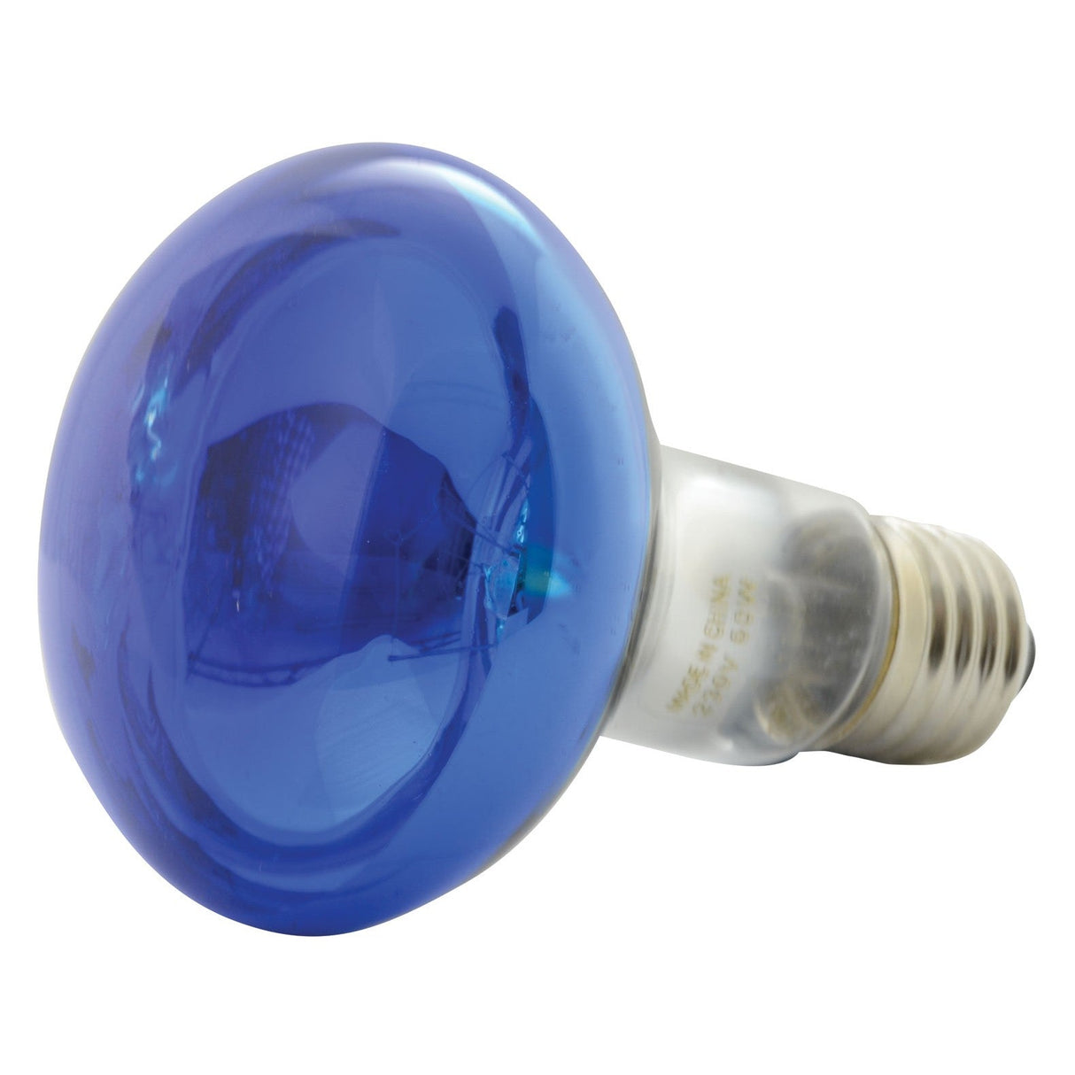 The QTX R80 Reflector Bulb E27 60W in blue features a rounded top and standard E27 fitting, as shown against a white background.