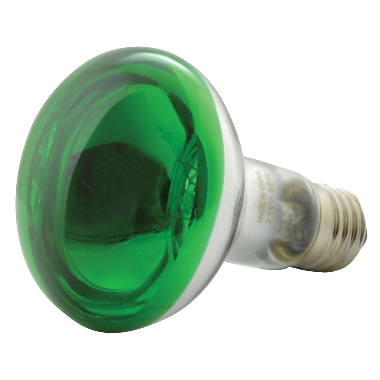 The QTX R80 Reflector Bulb E27 60W - Green is an incandescent bulb with a silver screw base, shown angled on a white background.