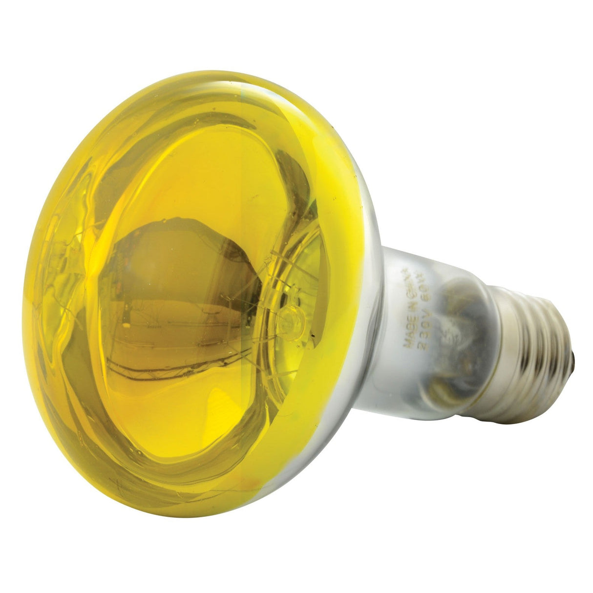 The QTX R80 Reflector Bulb E27 60W in yellow features a standard screw-in base and reflective coating, perfect for stage effects lighting. Shown here against a white background.