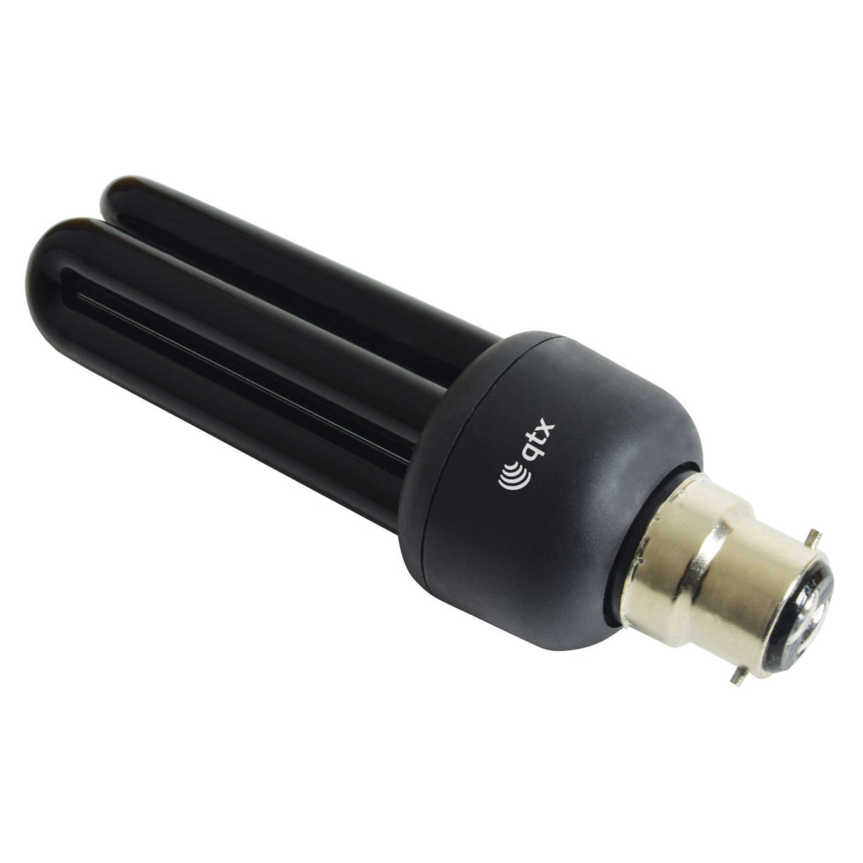 The QTX Black Light UV Bulb B22 20W - Black, featuring a compact fluorescent design and B22 bayonet fitting, emits 365nm UV light. The qtx logo is printed on the side and it is displayed against a white background.
