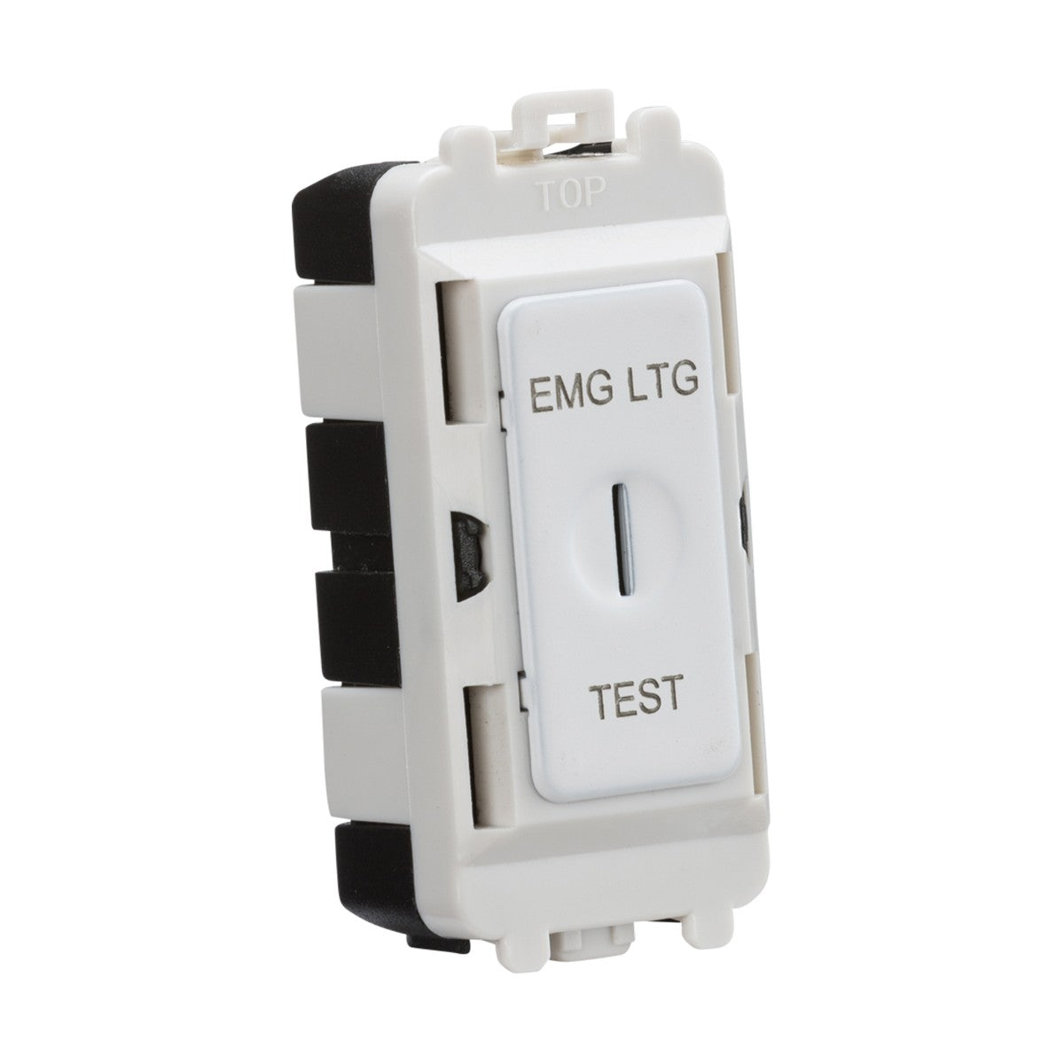 Close-up of a white rectangular 20AX DP Key Module from the Knightsbridge Grid System. It showcases a vertical toggle labeled EMG LTG at the top and TEST at the bottom, with the word TOP above. The background is plain white.