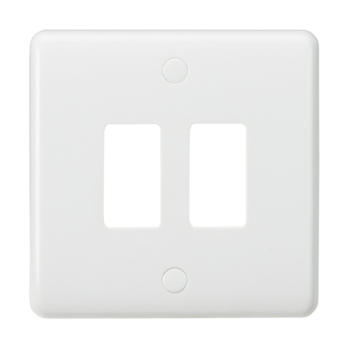 The 2 Gang Grid Faceplate - White features two rectangular openings with curved edges and small top and bottom screw holes. Its smooth surface is ideal for electrical installations, enhancing modern switch designs.