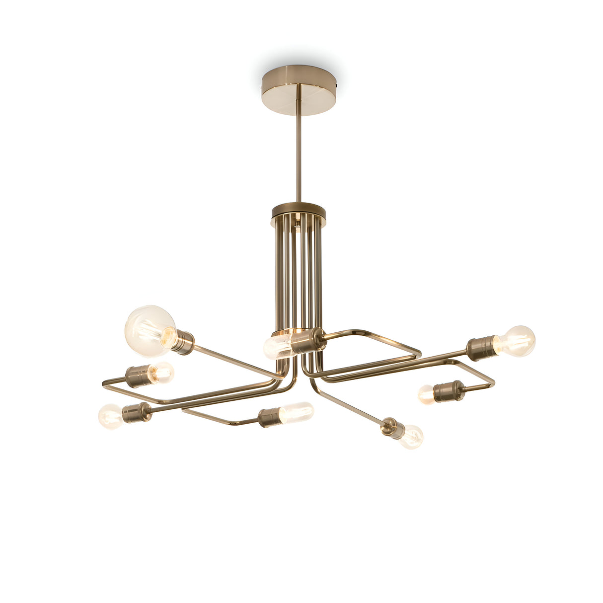 The Lustria 8 Light Pendant - Brass is a contemporary ceiling light fixture featuring an aged brass finish and an abstract design. It utilizes E27 bulbs on extended arms that radiate from a central hub, blending artistic minimalism with practicality.
