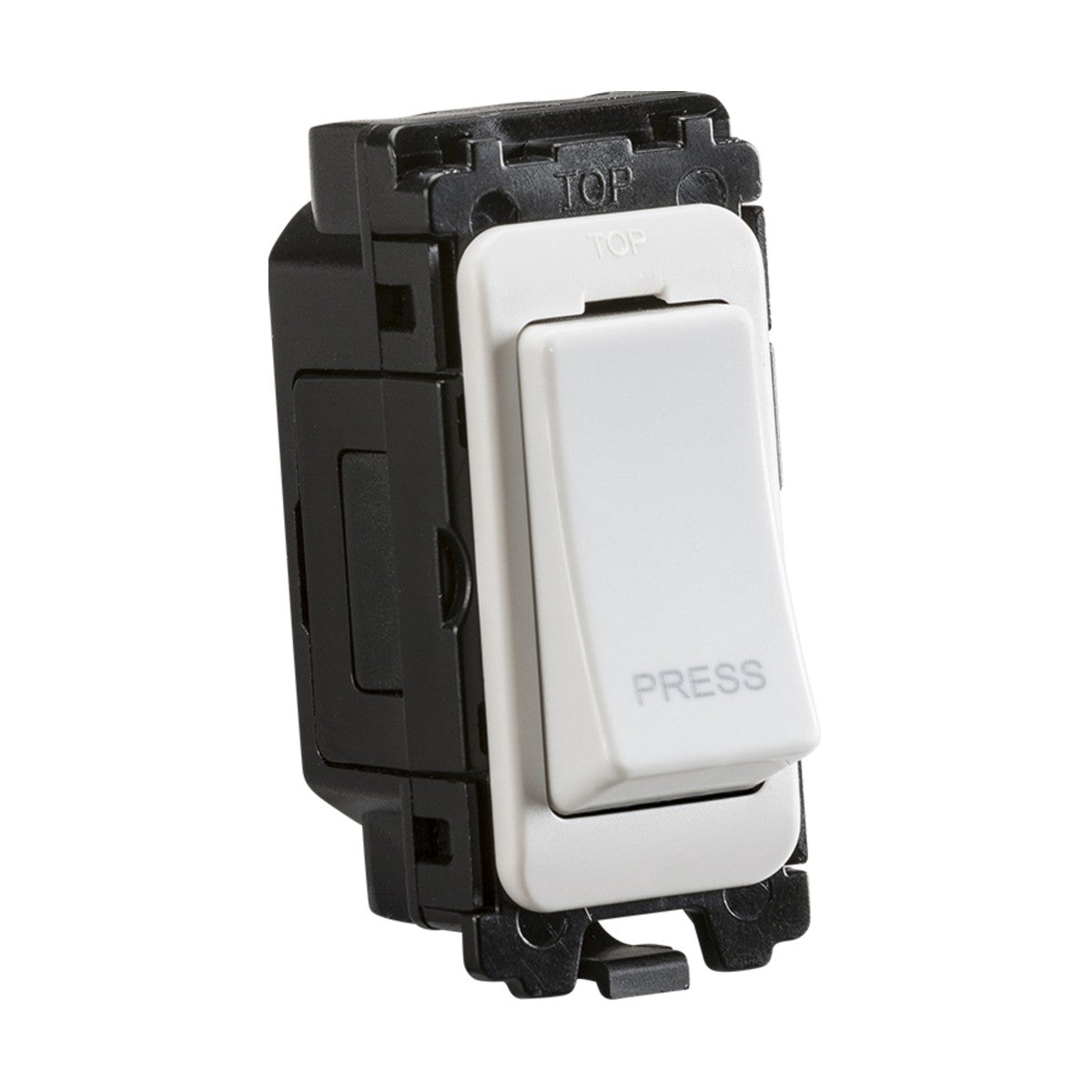 Close-up of the 20AX 2-Way Retractive Switch Module, featuring a white rectangular design with PRESS on it, mounted on a black base. It has detailed design and curved edges, made of thermoset resin, showcasing its TOP indicator from an angled view.