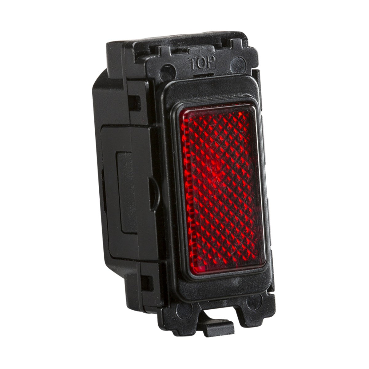 Close-up of a black rectangular switch with a textured red indicator light in the center, part of the Grid Indicator Module - Red. The word TOP is embossed above the light on the black plastic casing. The switch is isolated on a white background.