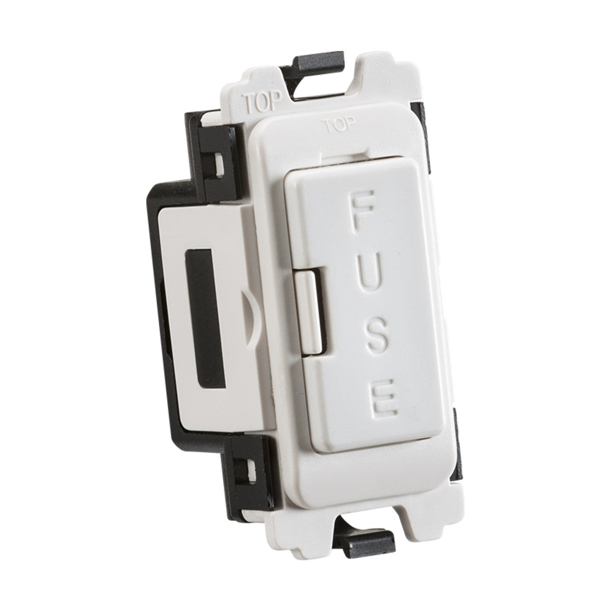 A 13A Fuse Holder Module in a sleek black and white housing includes a white switch embossed with "FUSE." Its curved edge switches enhance the sophisticated design.
