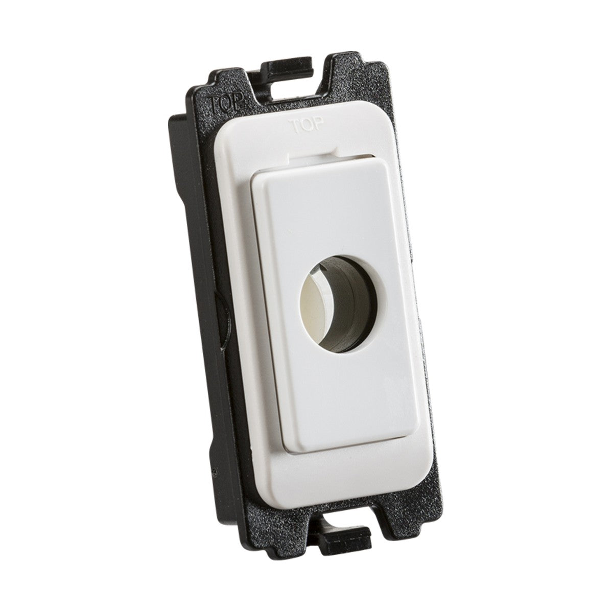 The Flex Outlet Module (Cable Up To 10mm Diameter) is a white rectangular electrical switch with curved edges and a central circular hole, mounted on a black frame. Crafted from thermoset resin, the word "TOP" is inscribed on the upper part of the switch, ensuring both functionality and durability.