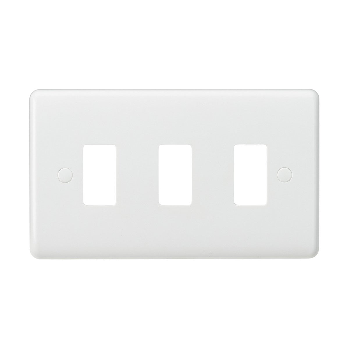 The 3 Gang Grid Faceplate is a white triple rocker switch plate with a curved edge design and three rectangular openings. Made from thermoset resin, it offers a simple and minimalistic look, perfect for covering three light switches.
