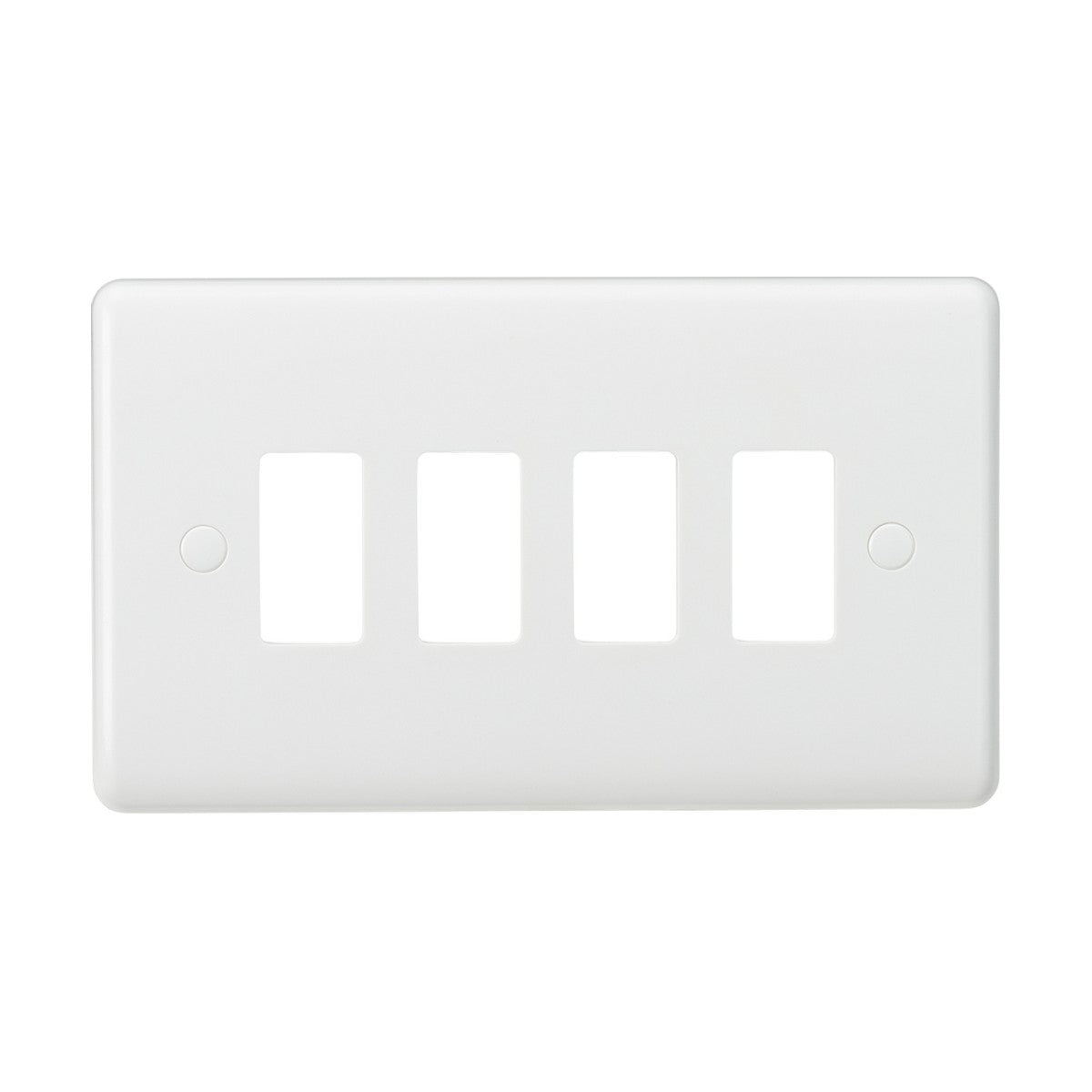 Presenting the 4 Gang Grid Faceplate by Knightsbridge, a sleek white wall plate with four rectangular openings for light switches. This modern design piece is crafted from durable thermoset resin, featuring a smooth surface and equipped with two small screw holes for easy mounting.