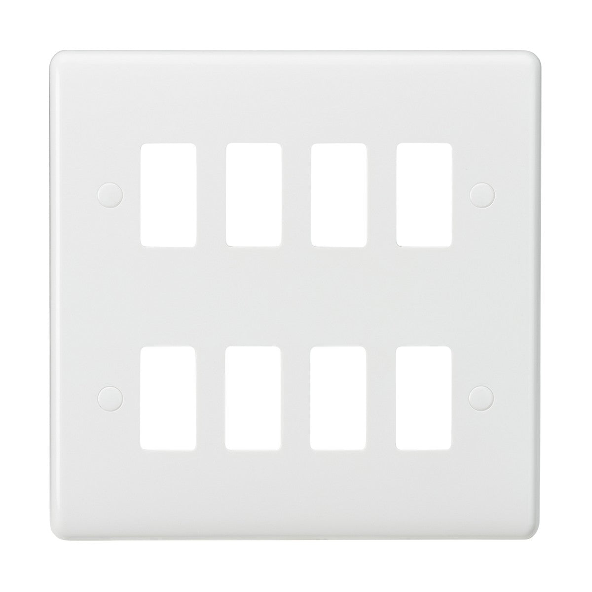 The 8 Gang Grid Faceplate is a white, rectangular cover designed for six switches and features a curved edge grid with rounded corners. Crafted from smooth thermoset resin, it ensures durability and anti-microbial properties for improved cleanliness.